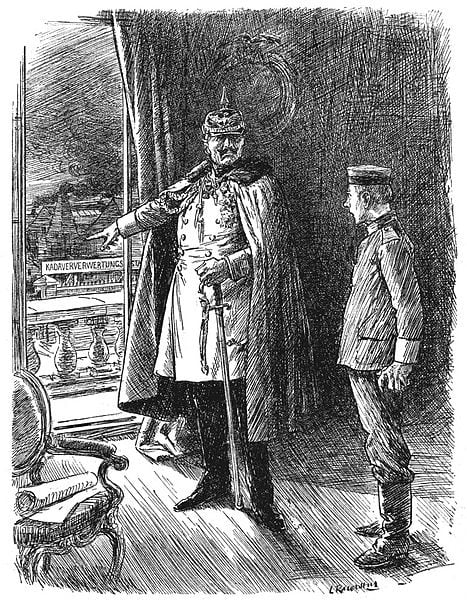 WW1: Kaiser (to 1917 Recruit). "And don't forget that your Kaiser will find a use for you-- alive or dead." Punch, 25 April 1917.