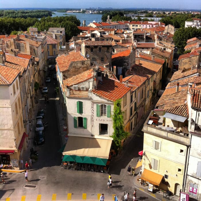 A view of Arles and the Rhône River from the Amphitheater tower looking north.