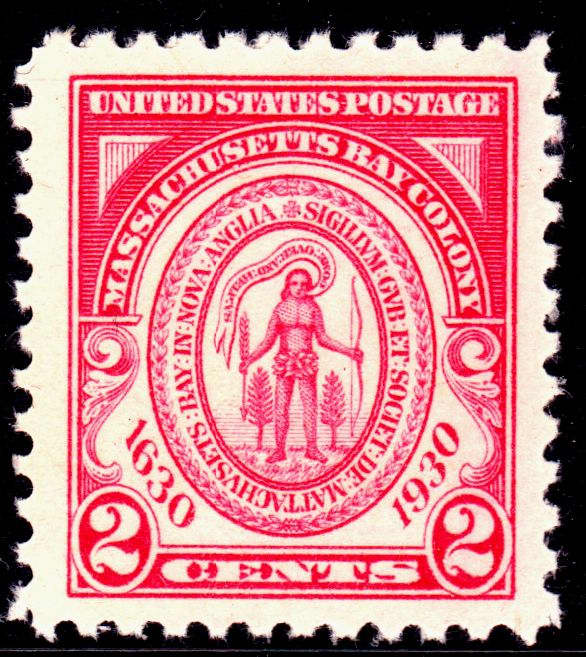 1930 United States two cent stamp commemorating the 300th anniversary of the founding of Massachusetts Bay Colony.