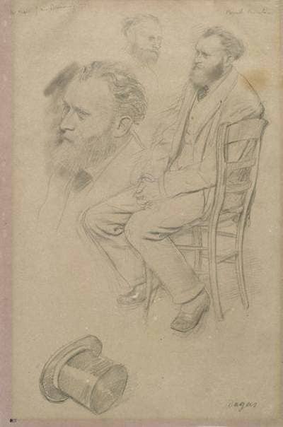 This is an early sketch, where the artist, in addition to rendering a full figure, adds two alternate heads and a top hat. In "Portrait of Edouard Manet sitting in a chair" Degas is elaborating his ideas without worrying about creating a final piece.