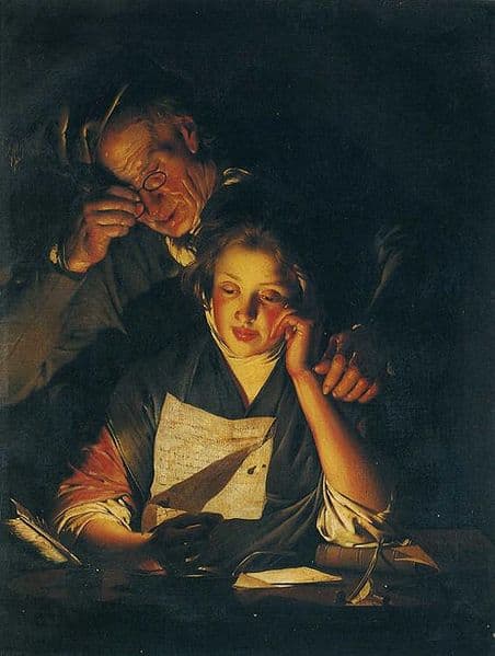 "A Young Girl Reading a Letter, With an Old Man Reading Over her Shoulder" by Joseph Wright of Derby