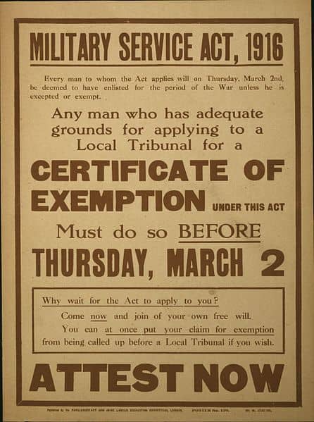 Conscription poster urging men to apply early if they had grounds for exemption.