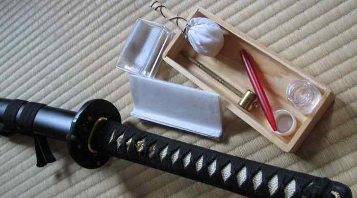 Japanese katana, saya and sword cleaning kit.