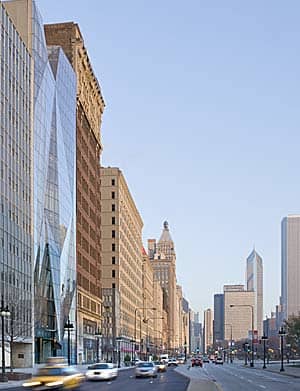 Looking north at the Michigan Avenue streetwall, a 12-block stretch of historic buildings facing Grant Park.