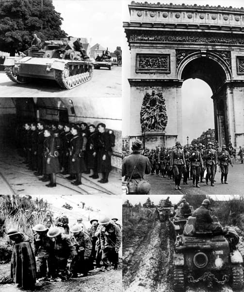 Top left: German Panzers passing through a French town. Top right: German soldiers marching past the Arc de Triomphe after capturing Paris. Middle left: French soldiers on the Maginot Line. Bottom left: Allied POW's. Bottom right: French tanks.