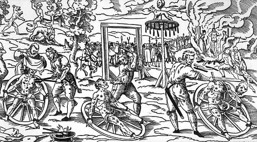 This wood cut shows the 'breaking wheel' as it was used in Germany in the Middle Ages. The exact date is unknown, as is the creator, but it depicts the execution of w:Peter Stumpp in Cologne in 1589.