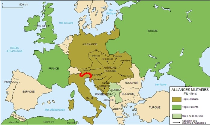 World War One: Map of Europe 1914. The red "S" shaped line denotes the Italian-Austro-Hungarian Front.