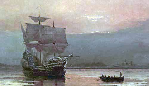 "Mayflower in Plymouth Harbor," by William Halsall, 1882 at Pilgrim Hall Museum, Plymouth, Massachusetts, USA,