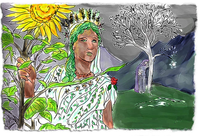 Yavanna bearing the Sun-flower from one of the two dying Trees of Light. (Nienna weeps for the other tree, Nimloth, from which came the Moon.)