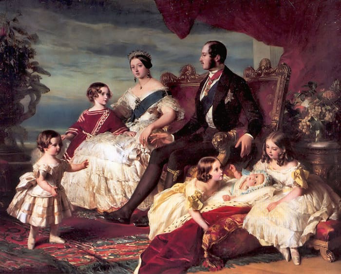 Victoria and Albert with some of their children. Left to right Prince Alfred (yes, in a dress!), Prince Albert (later Edward VII), Victoria, Albert, Princesses Alice, Helena and Victoria