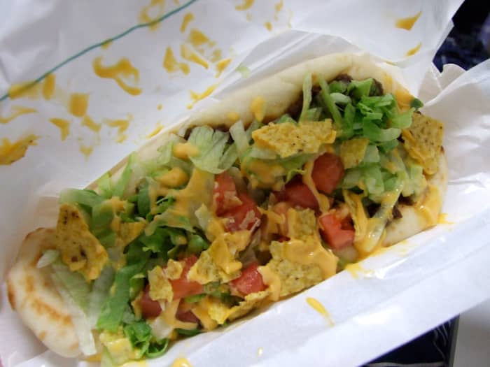 This is a naan taco. I got it at Mos Burger. You shouldn't eat it. Not just because it has bread in it, but also because it was kind of disgusting.