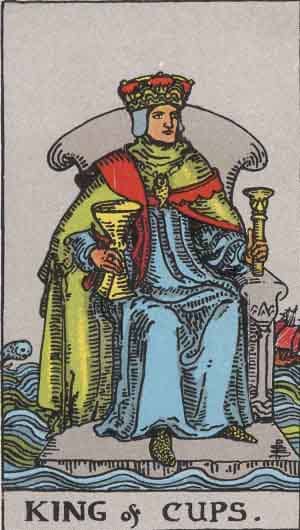 The King of Cups – Rider-Waite tarot deck. Copyright-free Pamela A version c1909.