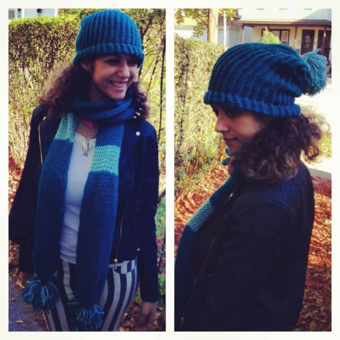 My first loom knit project was this scarf and hat I made on a circle loom. The scarf is extra thick, warm, and soft. I love it!