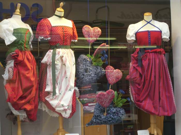 Dirndln in a Dirndl shop in Rosenheim, Germany.