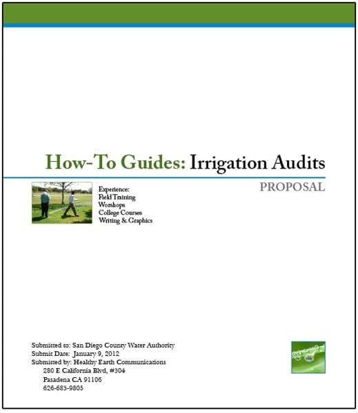 Cover page designed for a (not real) proposal - to prepare an instruction manual on how to conduct irrigation system audits. Note how well the photo illustrates the project, yet doesn't dominate.