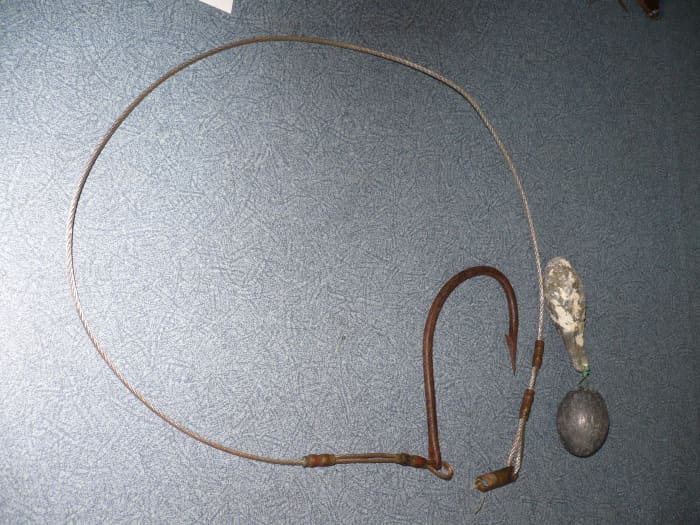 You would bait this huge salt water fishing hook with a fish head, to catch sharks. It can also be used as a chum hook to draw other fish to your boat.