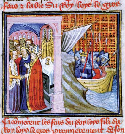 A 14th-century representation of the wedding of Louis and Eleanor; at right, Louis leaving on Crusade.
