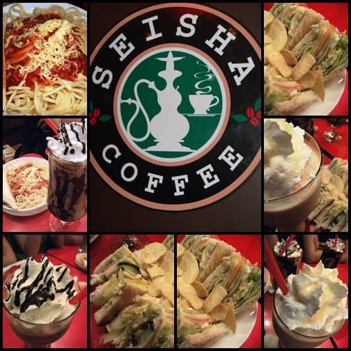 In this picture: (from left) spaghetti, clubhouse sandwich with chips, black forest coffee jelly, and white chocolate mocha frappuccino.