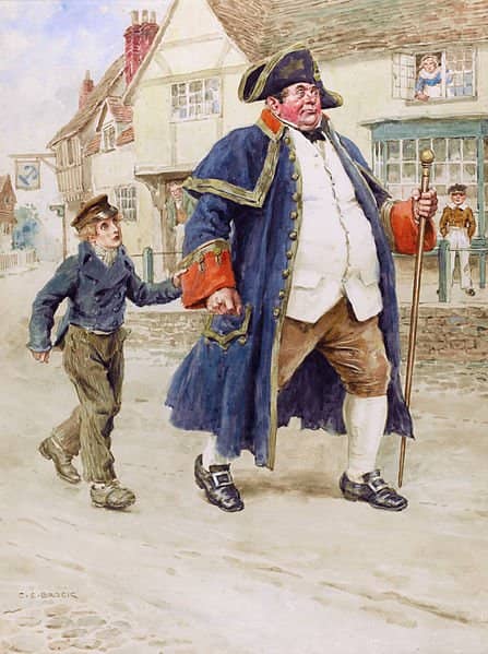 A beautiful illustration by Charles Edmund Brock, depicting the famous scene from Charles Dickens' 'Oliver Twist' when Mr Bumble sells the young orphan into labor.