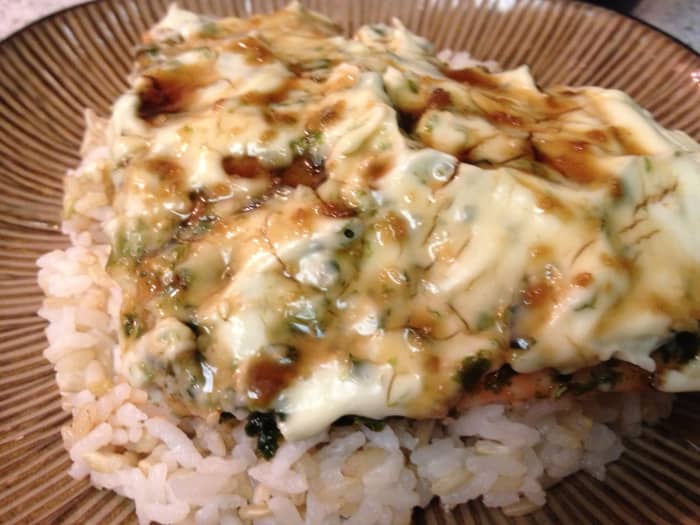 Learn how to make baked furikake salmon with a mayo-wasabi mix and a carmelized shoyu drizzle.