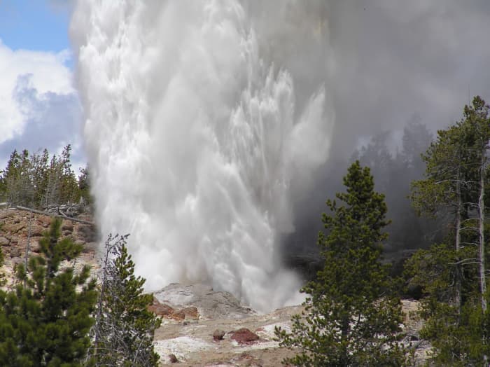 Steamboat geyser erupts in Yellowstone, site of a massive supervolcano.