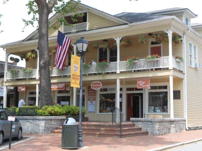 The Front Porch Restaurant (above) and various gift shops in Dahlonega, Georgia