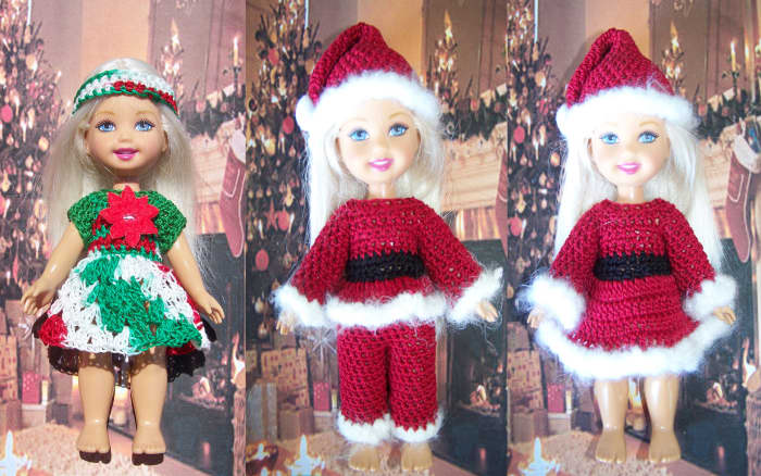 Here's Kelly in her three Christmas outfits. If you change the yarn colors and the details, you can turn these into year-round outfits instead!