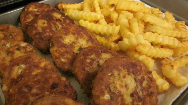 Crunchy salmon patties and crispy baked French fries make for a scrumptious, nutritious meal for the family.