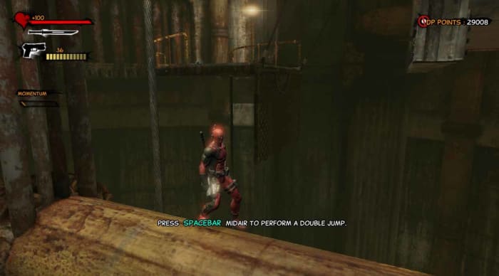 "Deadpool the Game" Walkthrough begins with jumping around. Try to jump onto this pipe and then jump to the ledge beyond.