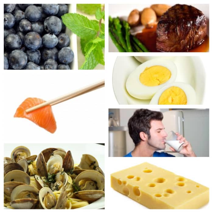 Salmon, clams, beef, eggs and dairy are sources of Vitamin B12. Clams and swiss cheese are exceptional in their natural supply of Vitamin B12.