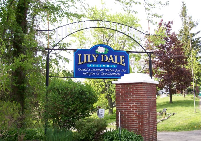 The gate at the entrance to Lily Dale Assembly, NY, the oldest Spiritualist community in the US