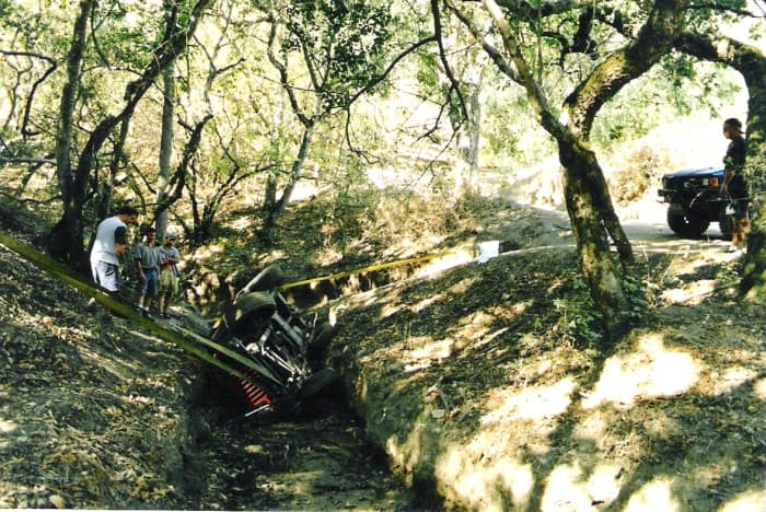 Believe it or not, this Jeep drove home from Hollister's dreaded tank trap that afternoon with a cracked windshield, but the rest was intact.