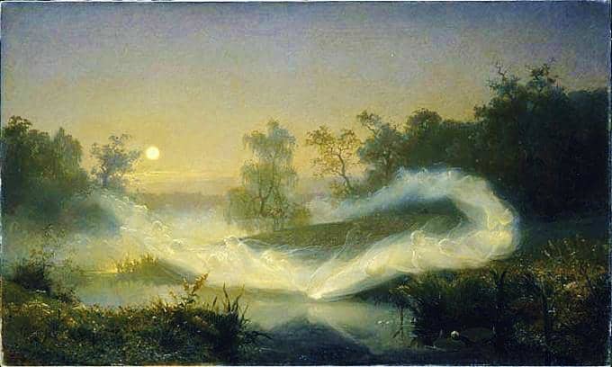 Elves dancing over a lagoon at dusk. The Norse concept of Elves was often as Nature Wights, or protective nature spirits.