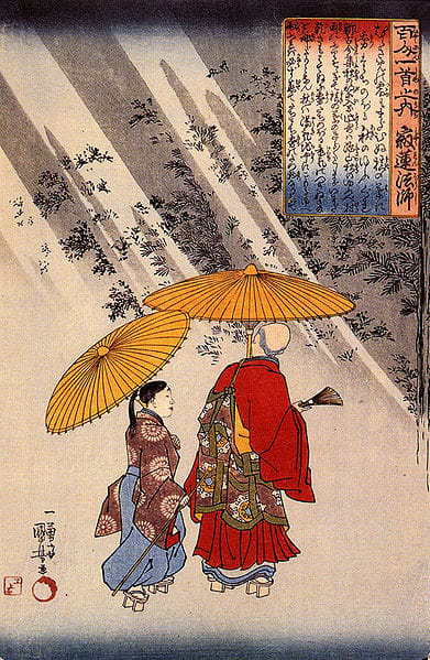 This one of the hundred prints illustrating the Japanese poetry antology called the Hyakunin isshu, which was compiled by the poet Fuhiwara Teika 1162-1241