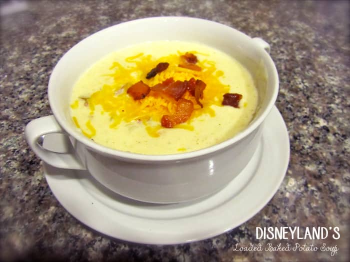 Disneyland's loaded baked potato soup topped with bacon and cheddar cheese. For more garnish ideas, scroll down!
