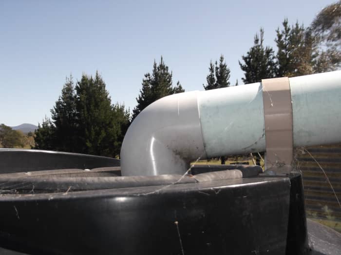 One of our first tanks. Rainwater travels from the roof, along the gutter, down a pipe and into the water storage tank.