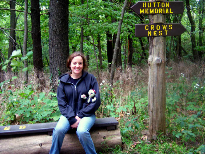 Our autumn trip to Iowa's Ledges Park was a bit chilly, so we wore layers. Our zombie, Fred, came along for the ride.