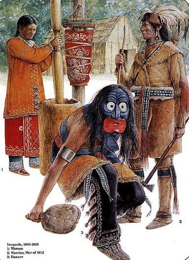 Traditional female dress, infant on a cradle board, male warrior attire in the War of 1812-1814, and member of the False Face Society in ceremonial dress.