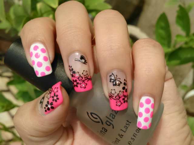 Hot Pink Polka Dots with Black 3D Decals for Nail Art