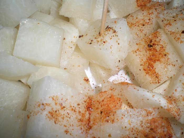 Diced, Raw Jicama with Seasonings of Chili Pepper, Lime, and Salt