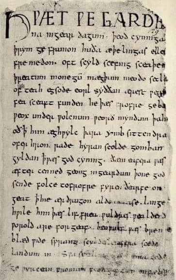 This is a public domain image from Kip Wheeler's homepage at Carson-Newman College. Kip Wheeler declared its status thus: "The original image of the Beowulf manuscript comes from the anonymous Anglo-Saxon scribe who wrote the 'Nowell Codex', Cotton V