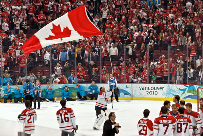 You don't have to be Canadian to be a hockey fan. Team and fans after Team Canada wins gold at the 2010 Olympics.