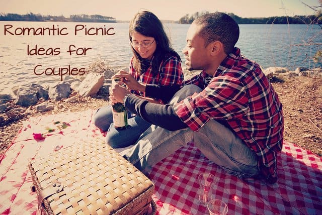 Romantic picnic ideas for couples. This couple is having a picnic by a lake.