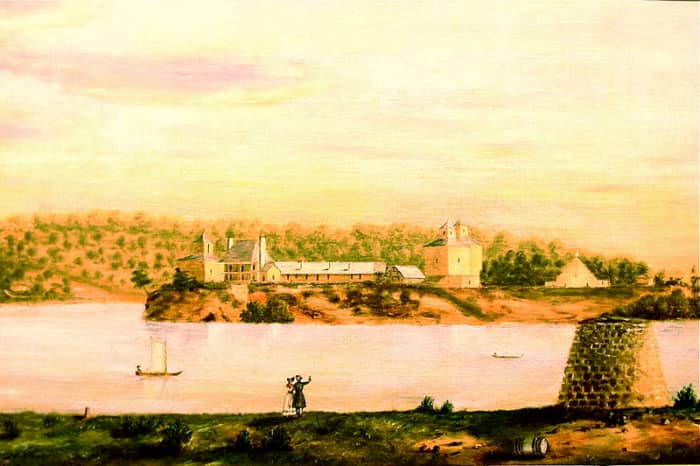 Fort Armstrong in about 1839 - now home of the Rock Island Arsenal - a few miles north of Mercer County "This photograph of an old painting of Fort Armstrong is one of the only clear pictures of the Quad Cities during the 1800's."
