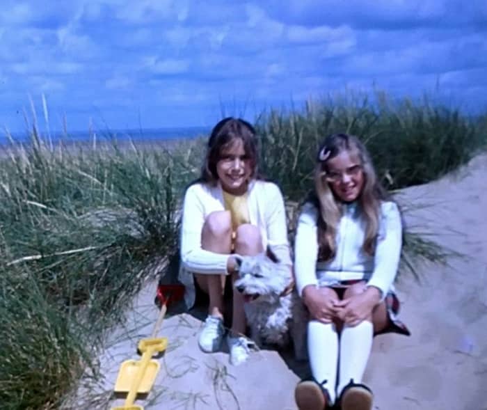 Me as a child (on the left) with my cousin and my much-loved dog Mitzie, a West Highland Terrier and my companion since I was one year old. Wherever I went, Mitzie went too, including on days out to the beach, as in this photo.