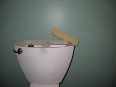 As you can see, a paint roller will not fit behind this toilet, so the tank must be removed.