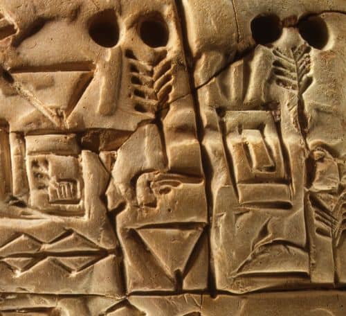 This clay tablet was written in a temple of Mesopotamia in 3100-2900 BC. The script is a kind of proto-cuneiform- an early, pictorial stage in Mesopotamian writing development. This tablet probably describes grain distributed by a temple.