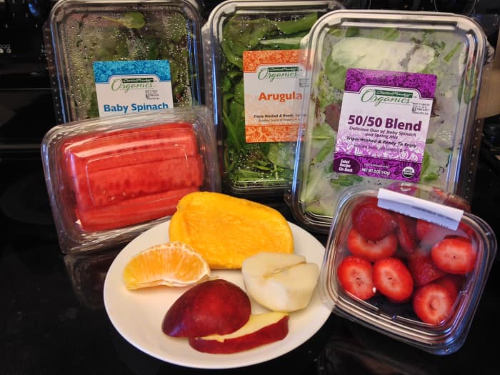 Baby Spinach, Baby Arugula, Mixed Greens, watermelon, mango, apple, orange, pear, and strawberries