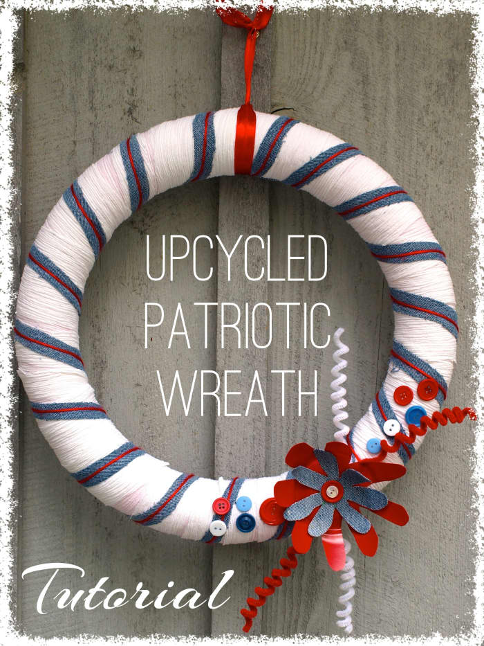 Upcycled wreath perfect for Memorial Day or the Fourth of July. Made from a pool noodle, a repurposed blouse, old jeans, and a few other things from around the house.