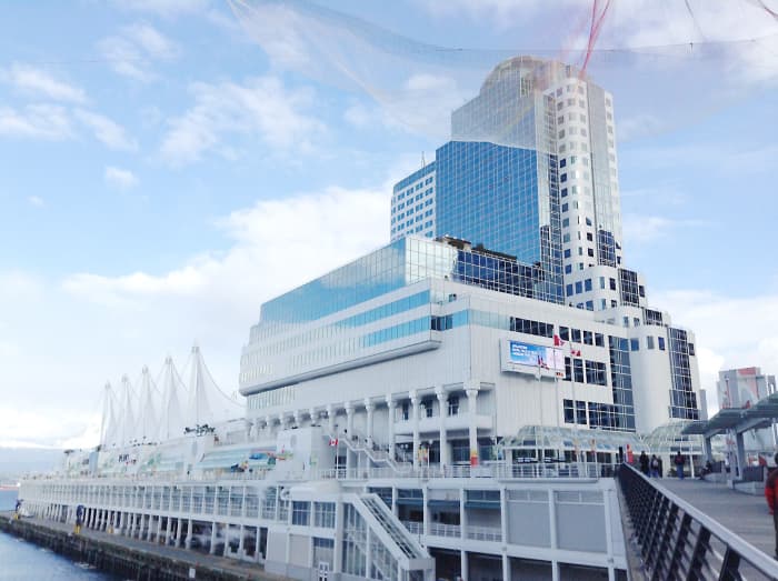 Canada Place in downtown Vancouver; the mesh at the top of the photo is part of an aerial sculpture erected to coincide with the TED Talks taking place in the area